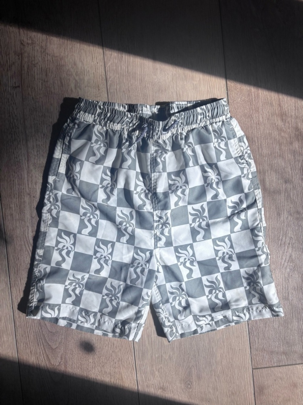 Boys Boardies White & Gray Checkerboard Swim Trunks